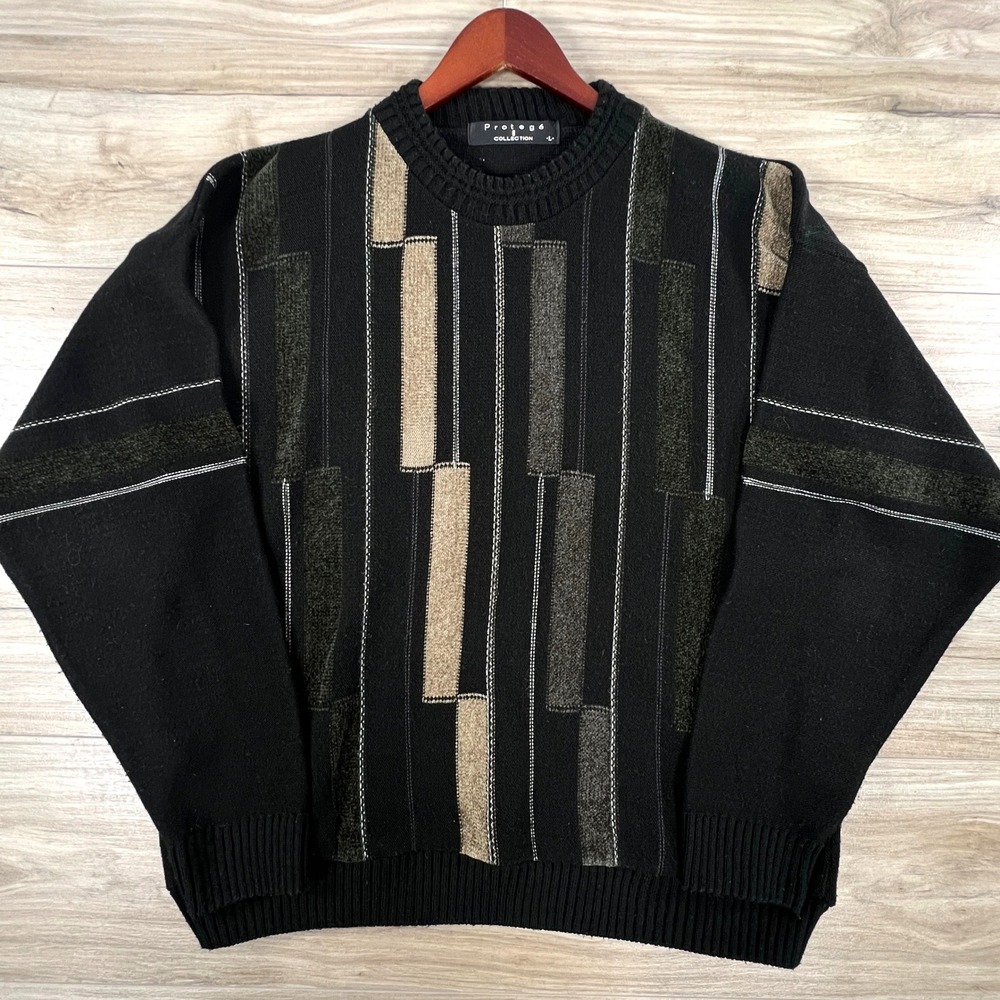 Vintage 90s Protege Collection Sweater Mens Large Black Geometric Knit Crewneck